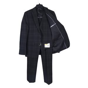 Bar III Mens Slim Fit 3 Piece Suit 40S 30x30 Black Green Plaid Stretch Wool NWT